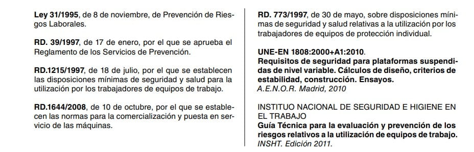 Listado bibliográfico de normativa y guías sobre prevención de riesgos y equipos de trabajo