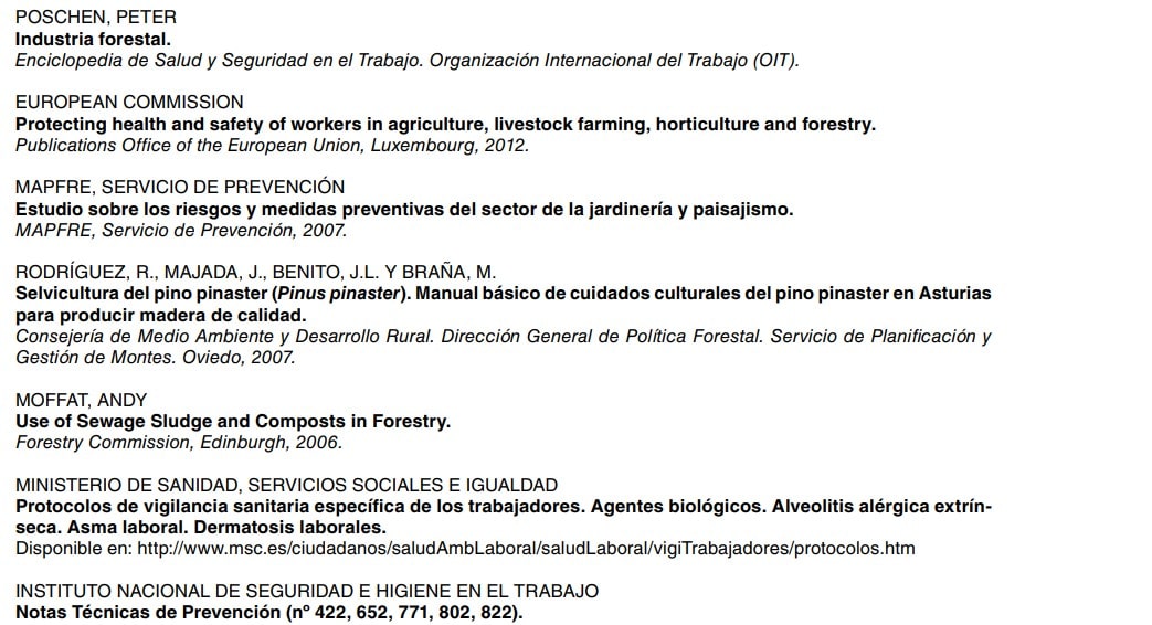Listado de referencias bibliográficas sobre seguridad y salud en el sector forestal y agrario.