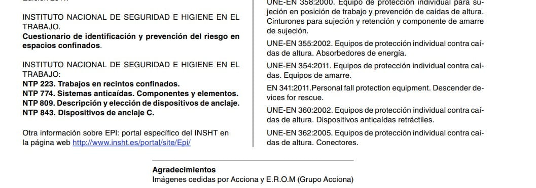 Listado bibliográfico de normas UNE-EN y publicaciones sobre protección individual contra caídas y espacios confinados