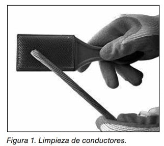 Manos enguantadas limpiando un conductor eléctrico trenzado con un cepillo.