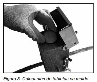 Figura 3. Colocación de tabletas en molde realizada con guante de protección