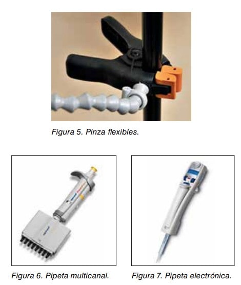 Pinza flexible, pipeta multicanal y pipeta electrónica de laboratorio (figuras 5, 6 y 7)