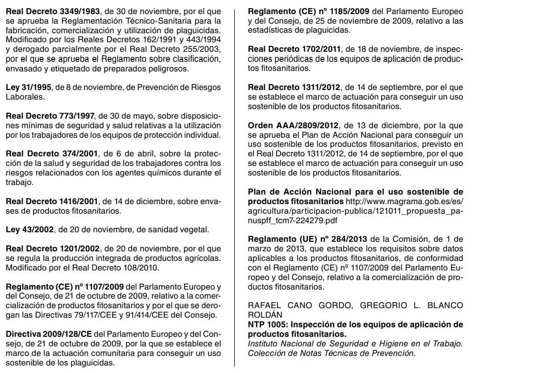 Listado bibliográfico de normativa sobre productos fitosanitarios y prevención de riesgos laborales