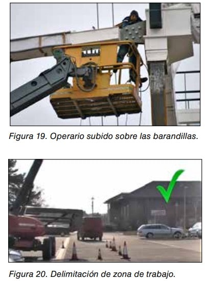 Figuras 19 y 20: operario subido sobre las barandillas de una plataforma elevadora y delimitación de la zona de trabajo con conos