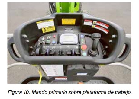 Mando primario con joystick y controles sobre plataforma de trabajo elevadora.