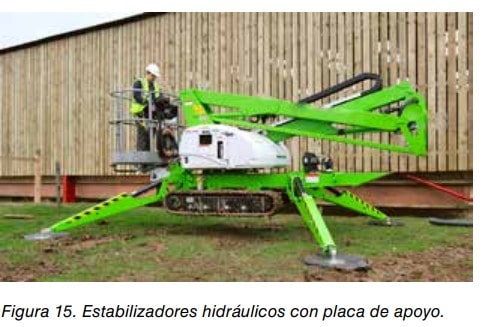 Plataforma elevadora móvil sobre orugas con estabilizadores hidráulicos y placas de apoyo desplegados.