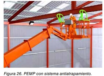 PEMP con sistema antiatrapamiento y operario en la cesta de trabajo en altura.