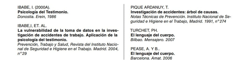 Listado bibliográfico de referencias sobre psicología del testimonio e investigación de accidentes.