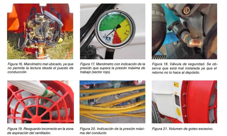 Figuras 16 a 21: fotos de defectos en pulverizadores agrícolas: manómetros, válvula, resguardo y goteo