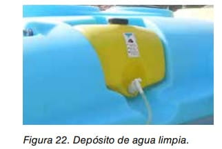 Depósito de agua limpia de color azul con un compartimento amarillo y conexión de manguera.