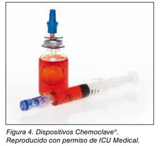 Dispositivos Chemoclave para transferencia de medicamentos, con vial y jeringa con líquido rojo