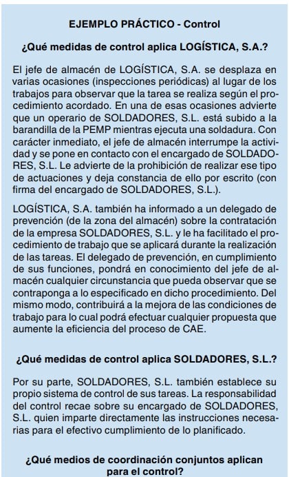 Texto de un ejemplo práctico sobre las medidas de control en coordinación de actividades empresariales.