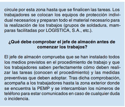 Texto sobre la organización de los trabajos y las comprobaciones del jefe de almacén antes de comenzar las tareas.