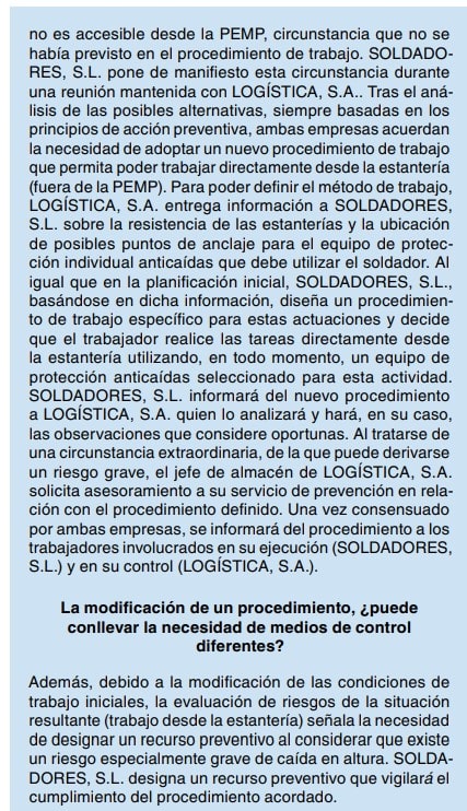 Texto de un caso práctico sobre la modificación de un procedimiento de trabajo y la necesidad de medios de control diferentes