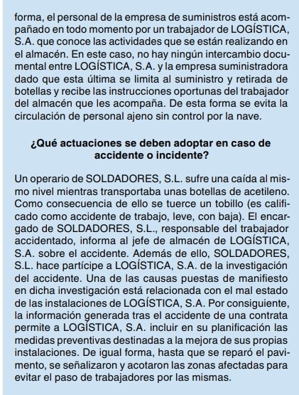 Texto sobre actuaciones ante accidentes en coordinación de actividades empresariales entre empresas de logística y suministros.