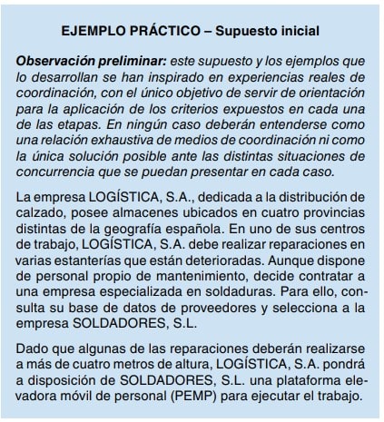 Texto del ejemplo práctico de un supuesto inicial sobre coordinación de actividades empresariales en la empresa Logística, S.A.