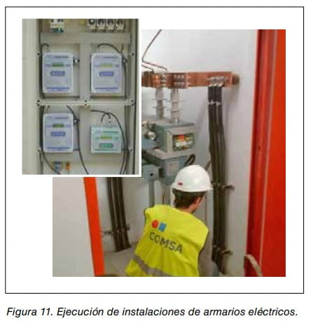 Operario con casco y chaleco instala cableado en un armario eléctrico; detalle de medidores y conexiones