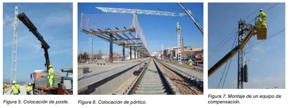 Fotografías de la colocación de un poste y un pórtico ferroviarios y del montaje de un equipo de compensación.