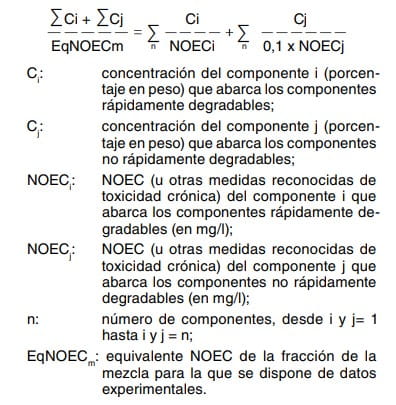 Fórmula del equivalente NOEC de una mezcla con la definición de sus variables Ci, Cj, NOECi, NOECj y n