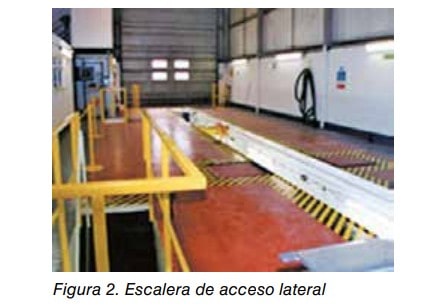 Nave industrial con una escalera de acceso lateral protegida por barandillas amarillas. Figura 2.
