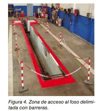 Figura 4: foso de inspección de vehículos en un taller, delimitado con barreras de postes rojiblancos y cintas.