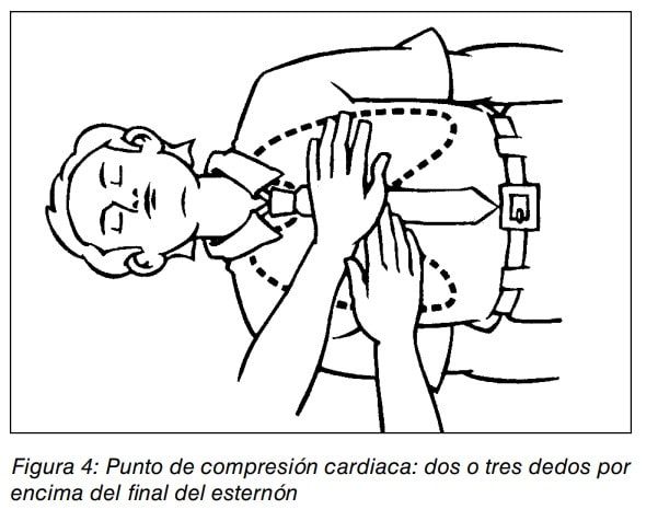 Figura 4: punto de compresión cardiaca, dos o tres dedos por encima del final del esternón.