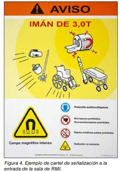 Cartel de aviso de imán de 3,0 T a la entrada de sala de RMI, con objetos atraídos y señales de prohibición