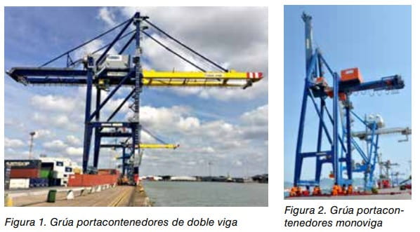 Dos grúas portacontenedores portuarias: una de doble viga y otra monoviga.