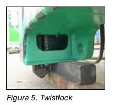 Twistlock o dispositivo de enclavamiento por giro de un contenedor, fijado a la estructura del vehículo.