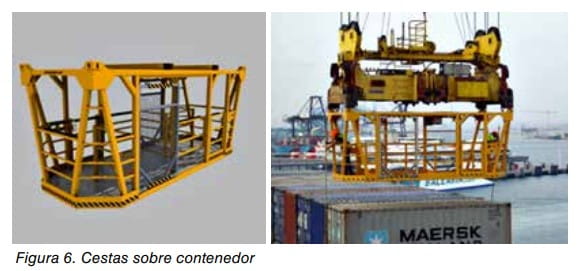 Figura 6: cesta de trabajo para izar personas situada sobre un contenedor en una terminal portuaria.