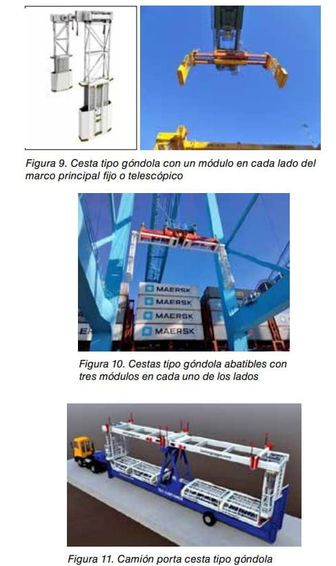 Figuras 9 a 11: cestas tipo góndola para manipulación de contenedores, con módulos fijos o abatibles, y camión que las transporta.