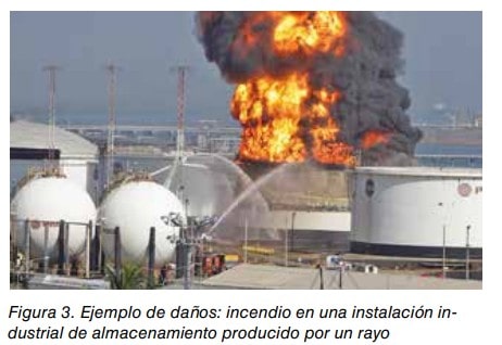 Incendio en una instalación industrial de almacenamiento de combustible producido por un rayo.