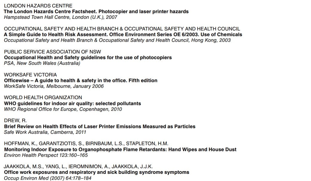 Referencias bibliográficas sobre riesgos de fotocopiadoras e impresoras láser y calidad del aire interior