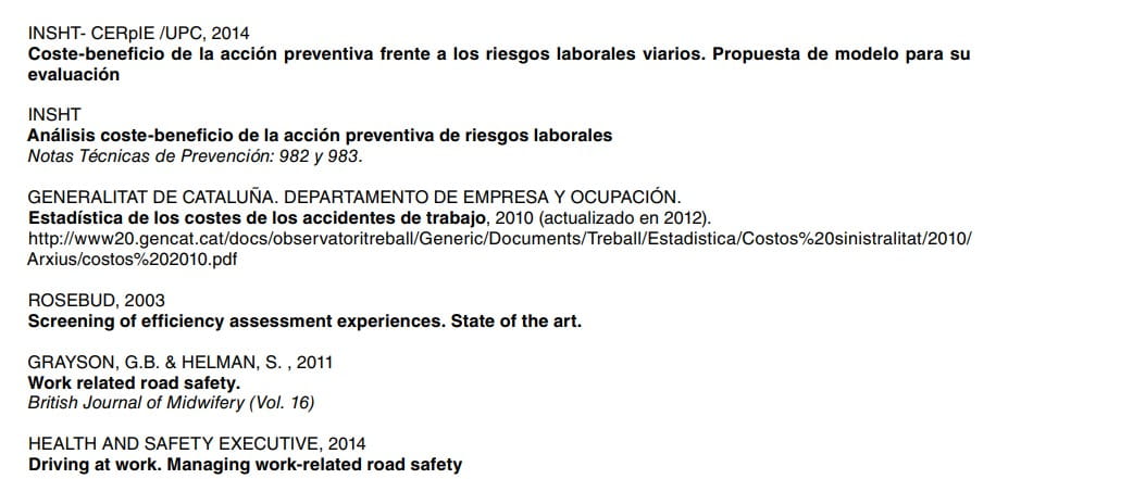 Listado bibliográfico sobre coste-beneficio de la acción preventiva frente a riesgos laborales viarios