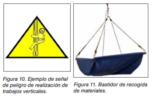 Figuras 10 y 11: señal de peligro de trabajos verticales y bastidor para recogida de materiales.