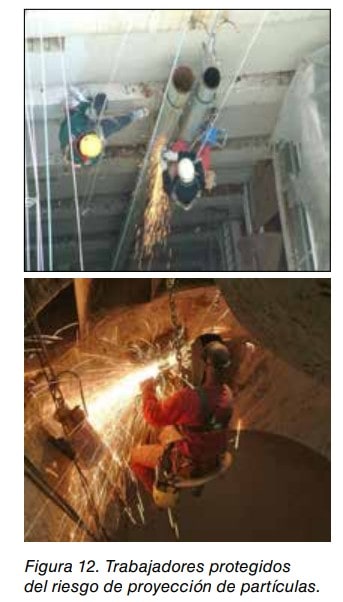 Dos fotografías de trabajadores en altura realizando soldadura y amolado con proyección de chispas.