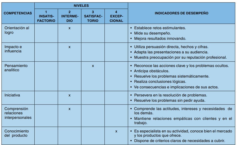 Tabla de evaluación de competencias por niveles con indicadores de desempeño.