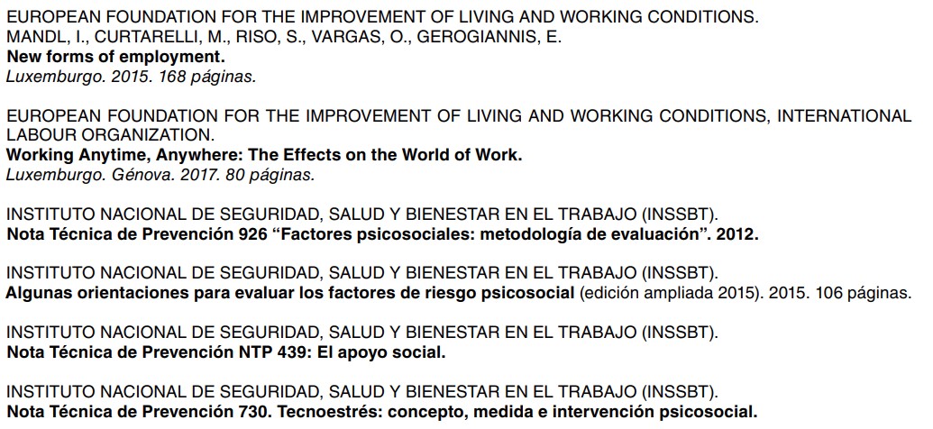 Listado bibliográfico de referencias sobre nuevas formas de empleo, teletrabajo y factores psicosociales