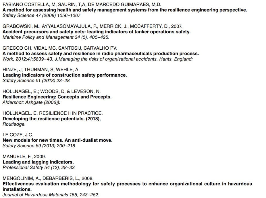 Listado bibliográfico de referencias sobre ingeniería de la resiliencia e indicadores de seguridad.