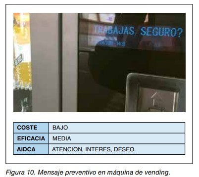 Máquina de vending con mensaje preventivo en pantalla: ¿Trabajas seguro? Coste bajo, eficacia media.
