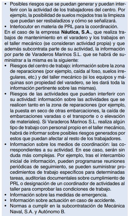 Texto sobre información de riesgos y coordinación de actividades en trabajos de varadero y taller mecánico