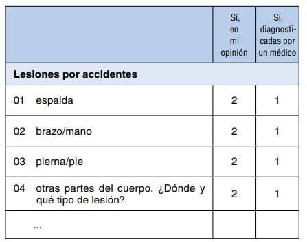 Fragmento de cuestionario sobre lesiones por accidentes en espalda, brazo/mano, pierna/pie y otras partes