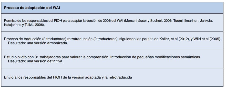 Tabla resumen del proceso de adaptación del cuestionario WAI.