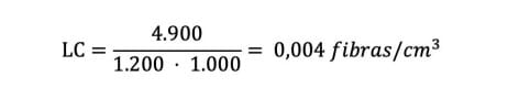 Ecuación de cálculo del límite de cuantificación: LC = 4.900 / (1.200 · 1.000) = 0,004 fibras/cm³.