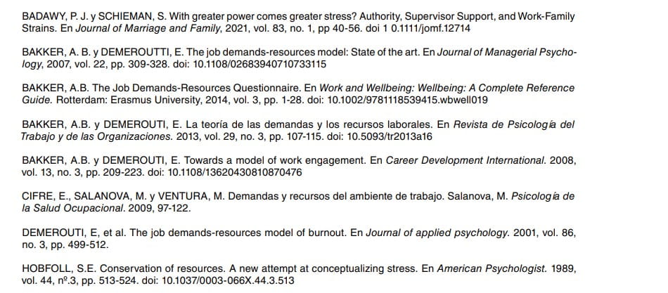 Listado bibliográfico de referencias sobre demandas y recursos laborales y estrés.