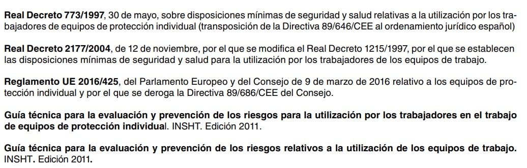 Listado bibliográfico de normativa sobre equipos de protección individual y equipos de trabajo