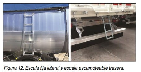 Escala fija lateral y escala escamoteable trasera en un vehículo cisterna