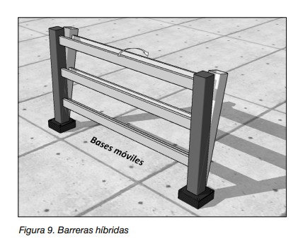 Barrera híbrida de protección con bases móviles instalada sobre el pavimento.