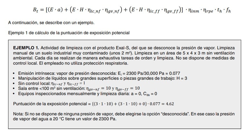 Fórmula de cálculo de la puntuación de exposición potencial con ejemplo de actividad de limpieza
