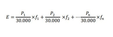 Fórmula del cálculo de la exposición E como suma de las concentraciones P entre 30.000 multiplicadas por el factor f